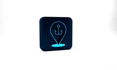 Blue Fishing hook icon isolated on grey background. Fishing tackle. Blue square button. 3d illustration 3D render.