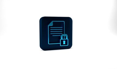 Blue Document and lock icon isolated on grey background. File format and padlock. Security, safety, protection concept. Blue square button. 3d illustration 3D render.