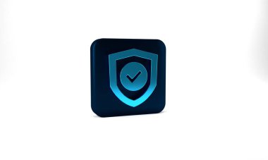 Blue Shield with check mark icon isolated on grey background. Protection symbol. Security check Icon. Tick mark approved icon. Blue square button. 3d illustration 3D render.