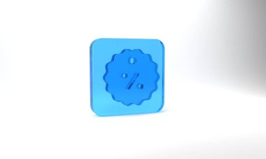 Blue Discount percent tag icon isolated on grey background. Shopping tag sign. Special offer sign. Discount coupons symbol. Glass square button. 3d illustration 3D render.