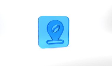 Blue Location with coffee bean icon isolated on grey background. Glass square button. 3d illustration 3D render.