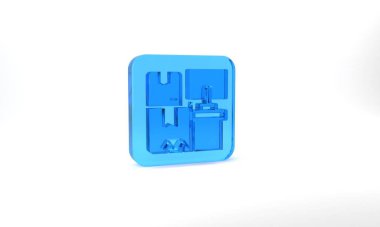 Blue Warehouse interior with boxes on racks icon isolated on grey background. Logistics, cargo, parcel storage postal service. Glass square button. 3d illustration 3D render.