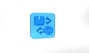 Blue Tax carton cardboard box icon isolated on grey background. Box, package, parcel sign. Delivery and packaging. Glass square button. 3d illustration 3D render.