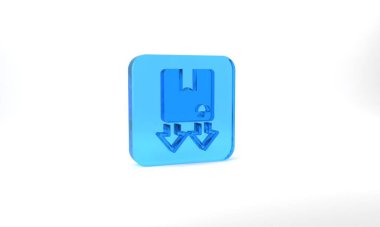Blue Cardboard box with traffic symbol icon isolated on grey background. Box, package, parcel sign. Delivery, transportation and shipping. Glass square button. 3d illustration 3D render.