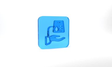 Blue Blood donation icon isolated on grey background. Glass square button. 3d illustration 3D render.
