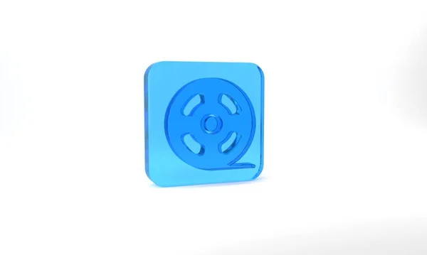 Blue Film Reel Icon Isolated Grey Background Glass Square Button — Stockfoto