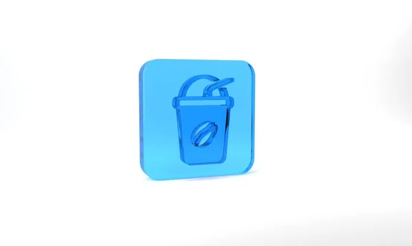 Blue Iced Coffee Icon Isolated Grey Background Glass Square Button — Stockfoto