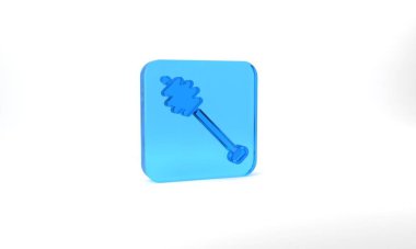 Blue Honey dipper stick icon isolated on grey background. Honey ladle. Glass square button. 3d illustration 3D render.