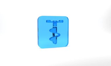 Blue Hand ice drill for winter fishing icon isolated on grey background. Glass square button. 3d illustration 3D render.