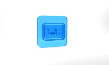 Blue Toilet icon isolated on grey background. WC sign. Washroom. Glass square button. 3d illustration 3D render.