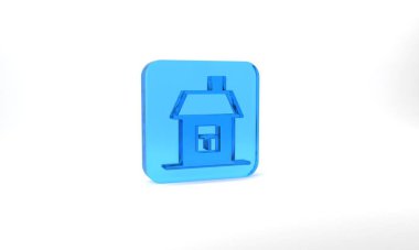 Blue House icon isolated on grey background. Home symbol. Glass square button. 3d illustration 3D render.