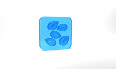Blue Seeds of a specific plant icon isolated on grey background. Glass square button. 3d illustration 3D render.