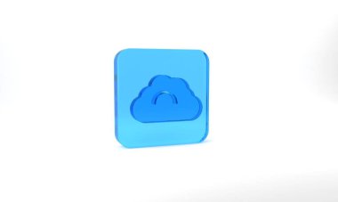 Blue Cloudy weather icon isolated on grey background. Glass square button. 3d illustration 3D render.