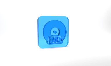 Blue CD or DVD disk icon isolated on grey background. Compact disc sign. Glass square button. 3d illustration 3D render.