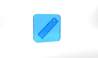 Blue Ruler icon isolated on grey background. Straightedge symbol. Glass square button. 3d illustration 3D render.