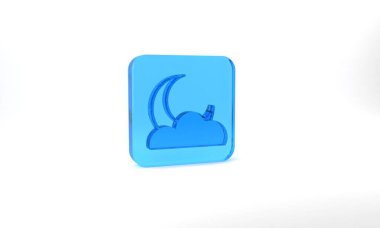 Blue Moon and stars icon isolated on grey background. Cloudy night sign. Sleep dreams symbol. Full moon. Night or bed time sign. Glass square button. 3d illustration 3D render.