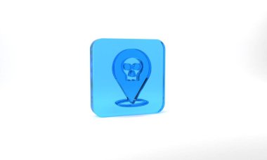 Blue Skull icon isolated on grey background. Happy Halloween party. Glass square button. 3d illustration 3D render.
