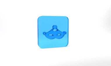 Blue Carnival mask icon isolated on grey background. Masquerade party mask. Glass square button. 3d illustration 3D render.
