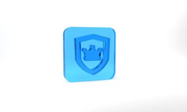Blue Shield with crown icon isolated on grey background. Glass square button. 3d illustration 3D render.