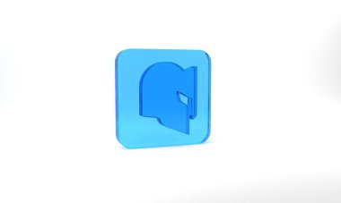 Blue Medieval iron helmet for head protection icon isolated on grey background. Knight helmet. Glass square button. 3d illustration 3D render.