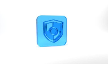 Blue Shield icon isolated on grey background. Guard sign. Security, safety, protection, privacy concept. Glass square button. 3d illustration 3D render.