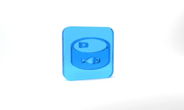 Blue Canned Fish Icon Isolated Grey Background Glass Square Button — ストック写真