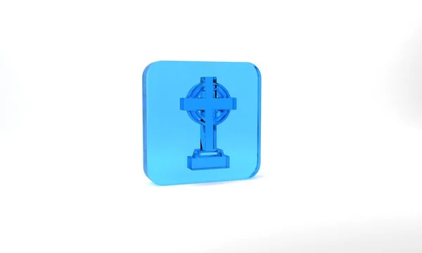 Blue Tombstone Cross Icon Isolated Grey Background Grave Icon Happy — Stock Photo, Image