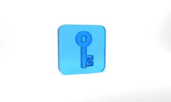 Blue Old Key Icon Isolated Grey Background Glass Square Button — Stock Photo, Image