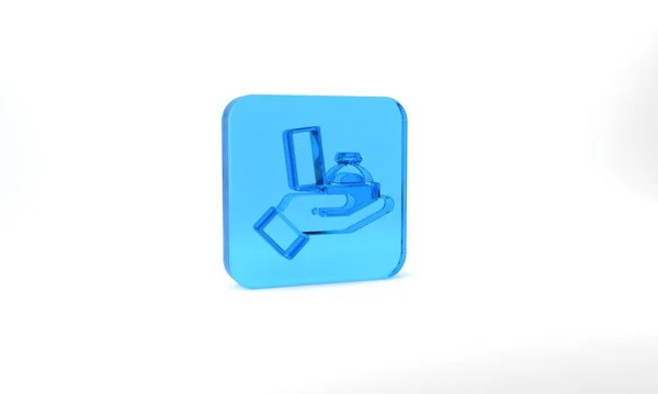 Голубой Бриллиант Обручальное Кольцо Коробке Значок Изолирован Сером Фоне Стеклянная — стоковое фото