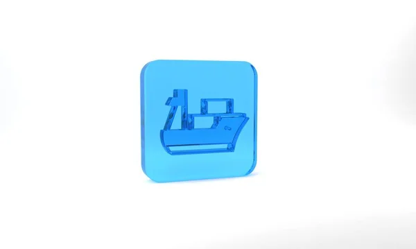 Blue Cargo Ship Icon Isolated Grey Background Glass Square Button — Stockfoto