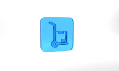 Blue Hand truck and boxes icon isolated on grey background. Dolly symbol. Glass square button. 3d illustration 3D render.