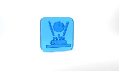 Blue Hologram icon isolated on grey background. Global communication technology. Glass square button. 3d illustration 3D render.