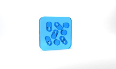 Blue Medical pill bottle biohacking icon isolated on grey background. Pharmacy biohacking. Glass square button. 3d illustration 3D render.