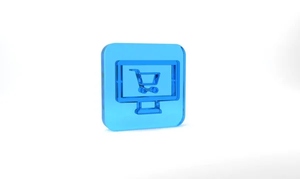 Blue Shopping Cart Monitor Icon Isolated Grey Background Concept Commerce — Stockfoto
