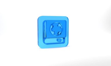Blue Earth globe and book icon isolated on grey background. World or Earth sign. Global internet symbol. Geometric shapes. Glass square button. 3d illustration 3D render.