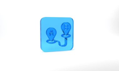 Blue Route location icon isolated on grey background. Map pointer sign. Concept of path or road. GPS navigator. Glass square button. 3d illustration 3D render.