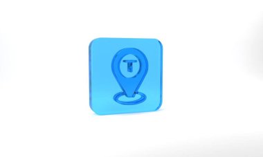 Blue Map pointer with taxi car icon isolated on grey background. Location symbol. Glass square button. 3d illustration 3D render.