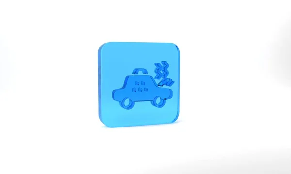 Blue Broken Taxi Car Icon Isolated Grey Background Glass Square — Stock Photo, Image