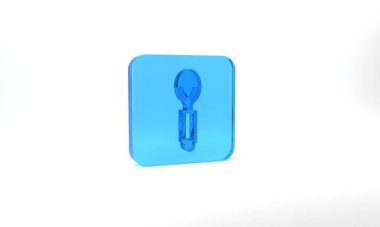 Blue Spoon icon isolated on grey background. Cooking utensil. Cutlery sign. Glass square button. 3d illustration 3D render.