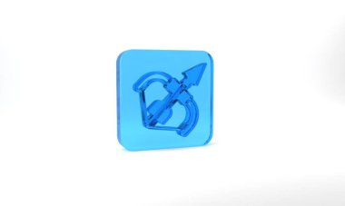 Blue Medieval bow and arrow icon isolated on grey background. Medieval weapon. Glass square button. 3d illustration 3D render.