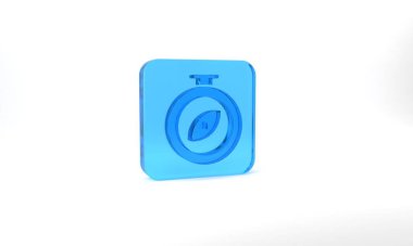 Blue Compass icon isolated on grey background. Windrose navigation symbol. Wind rose sign. Glass square button. 3d illustration 3D render.