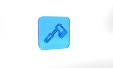 Blue Wooden axe icon isolated on grey background. Lumberjack axe. Glass square button. 3d illustration 3D render.