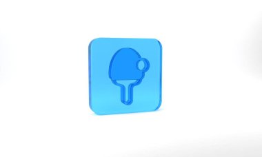 Blue Racket for playing table tennis icon isolated on grey background. Glass square button. 3d illustration 3D render.