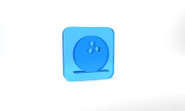 Blue Bowling ball icon isolated on grey background. Sport equipment. Glass square button. 3d illustration 3D render.