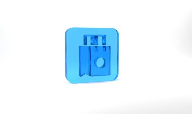 Blue Paper shopping bag icon isolated on grey background. Package sign. Glass square button. 3d illustration 3D render.