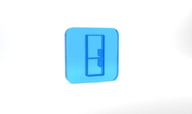 Blue Refrigerator icon isolated on grey background. Fridge freezer refrigerator. Household tech and appliances. Glass square button. 3d illustration 3D render.