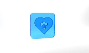 Blue Chef hat icon isolated on grey background. Cooking symbol. Cooks hat. Glass square button. 3d illustration 3D render.