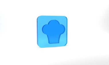 Blue Chef hat icon isolated on grey background. Cooking symbol. Cooks hat. Glass square button. 3d illustration 3D render.