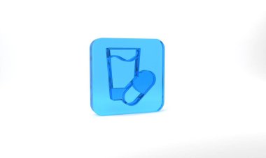 Blue Sleeping pill icon isolated on grey background. Glass square button. 3d illustration 3D render.