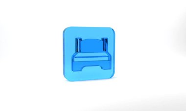 Blue Big bed for two or one person icon isolated on grey background. Glass square button. 3d illustration 3D render.